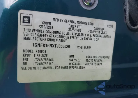 1996 Chevrolet Suburban K1500 из США, поврежденный, VIN 1GNFK16RXTJ350029